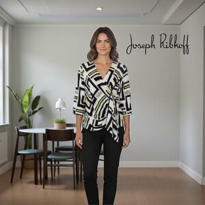Joseph Ribkoff, Abstract Geometric Wrap Top, Size 18, White, Black, Yellow